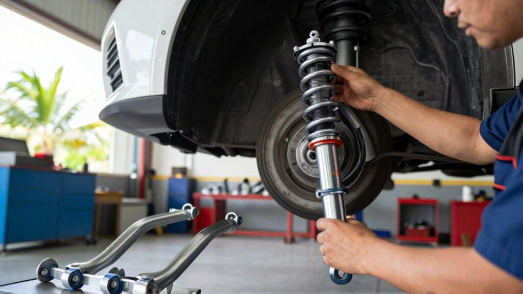 A mechanic's hands inspect new metallic shock absorbers and control arms inside a sunlit workshop.