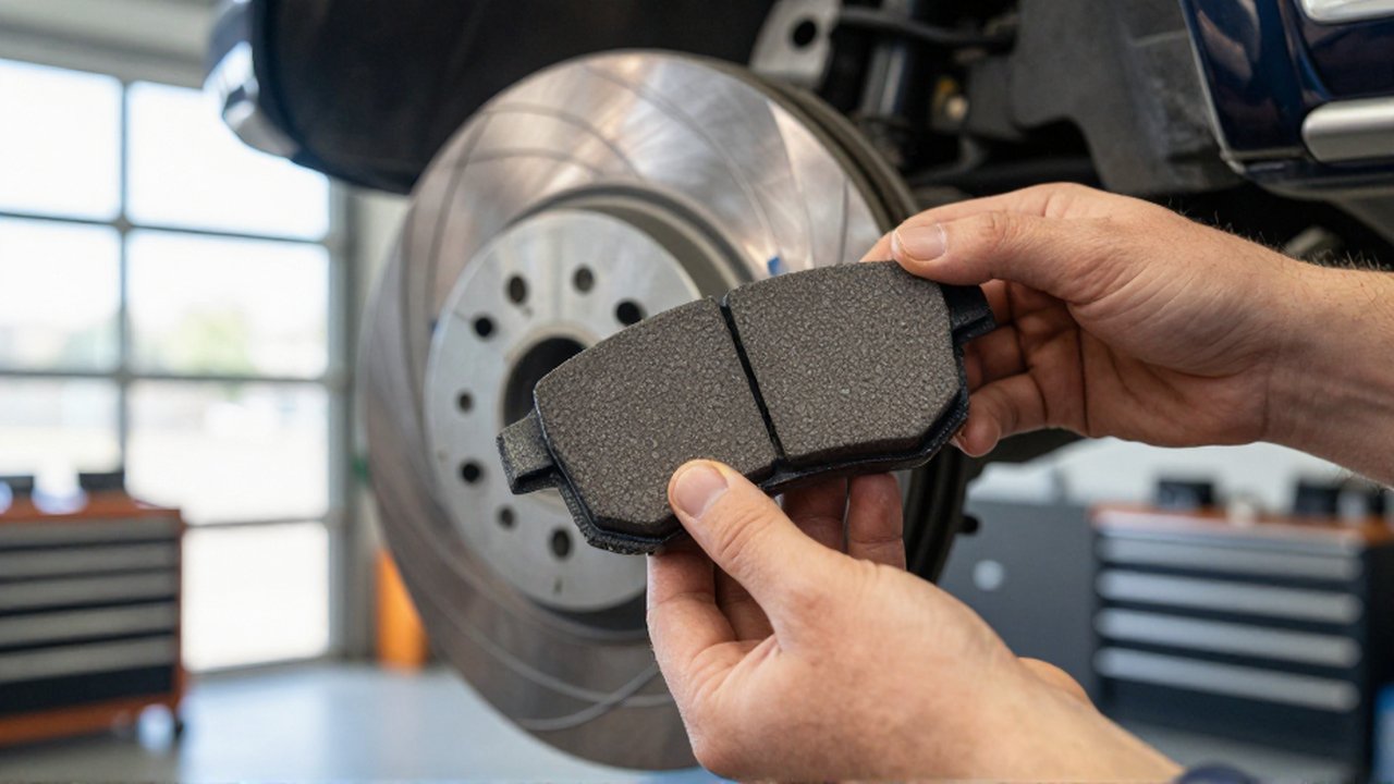 A mechanic holds a new ceramic brake pad next to a high-performance rotor in an organized workshop.