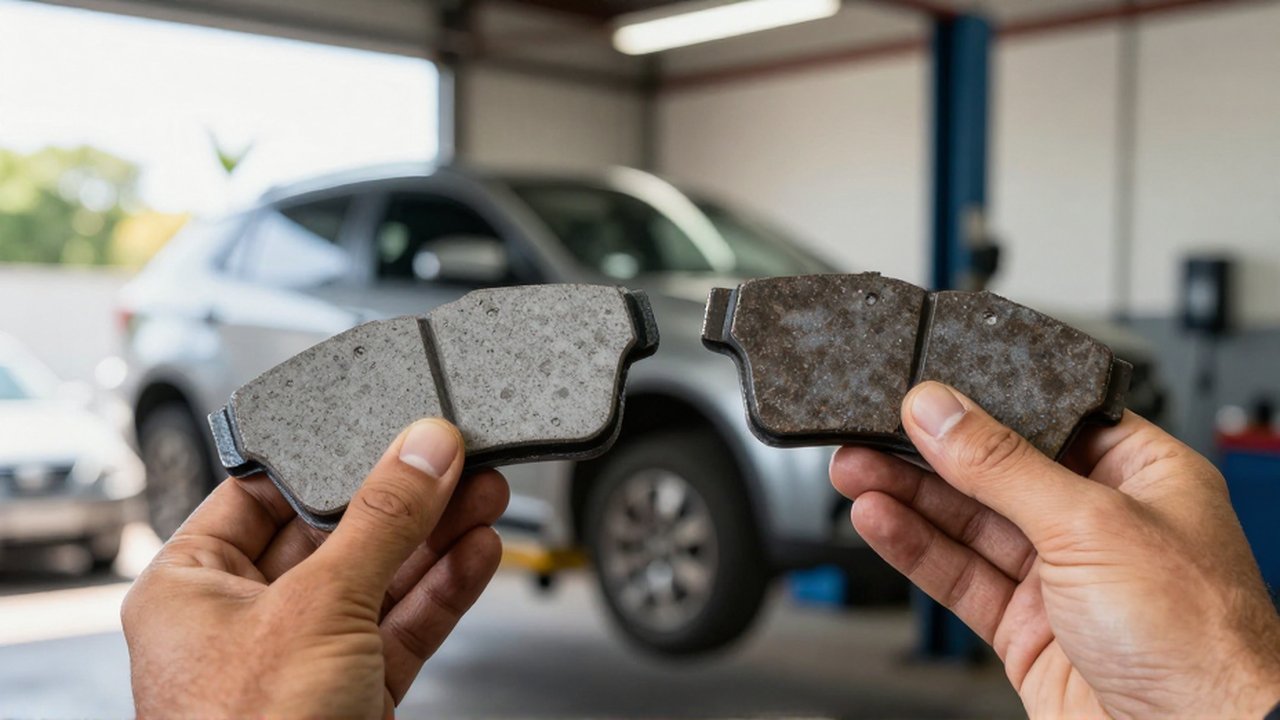 A mechanic's hands hold a smooth ceramic brake pad next to a worn metallic one in a workshop.