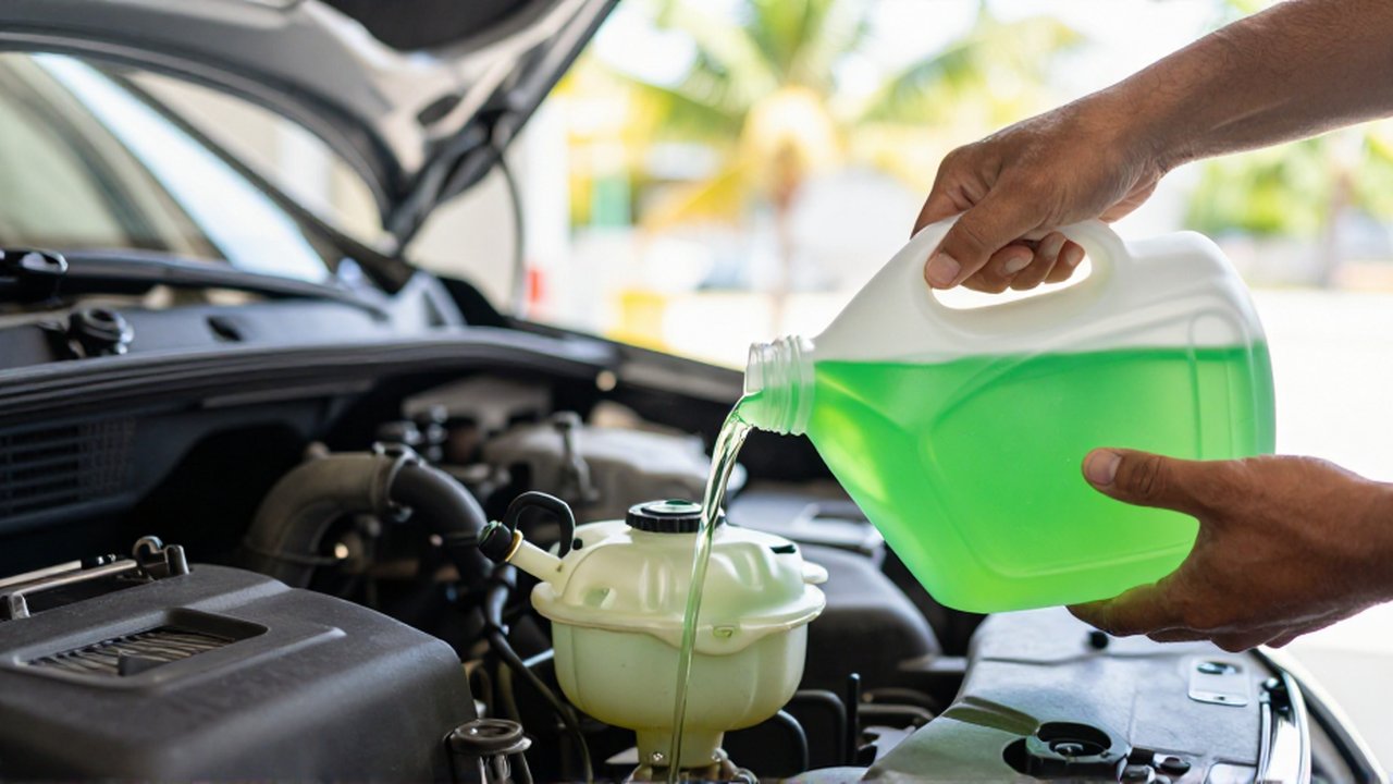A mechanic pours bright green engine coolant into a car's radiator reservoir in a sunlit workshop.