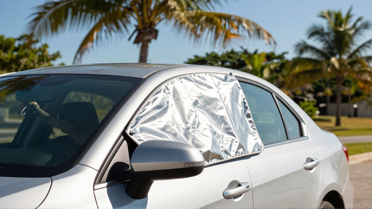 A person places a reflective silver sunshade inside a parked car under bright tropical sunlight.