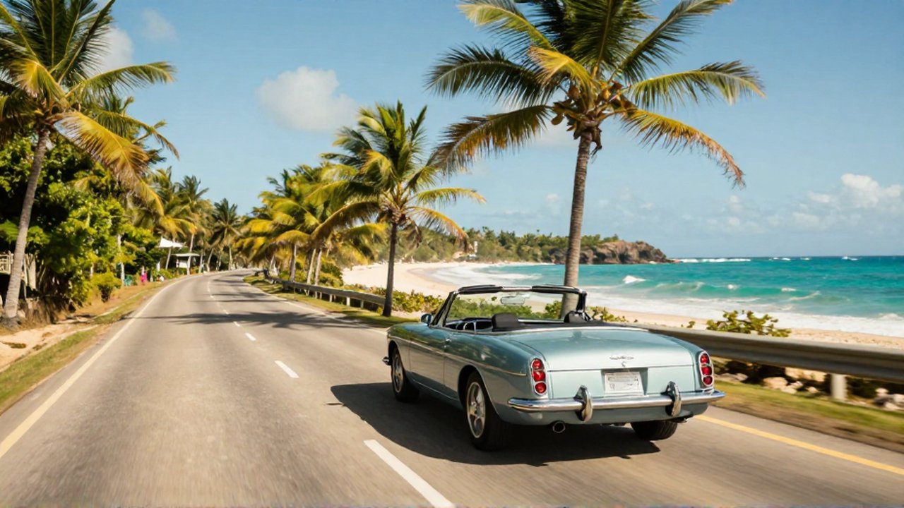 A vintage convertible drives along a winding coastal highway beside tropical palm trees and turquoise ocean waves.