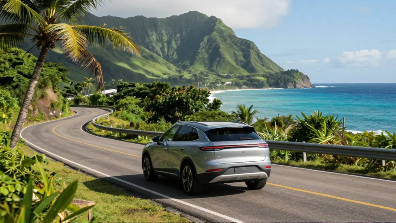 A silver SUV drives along a winding coastal highway overlooking turquoise ocean and tropical mountains.