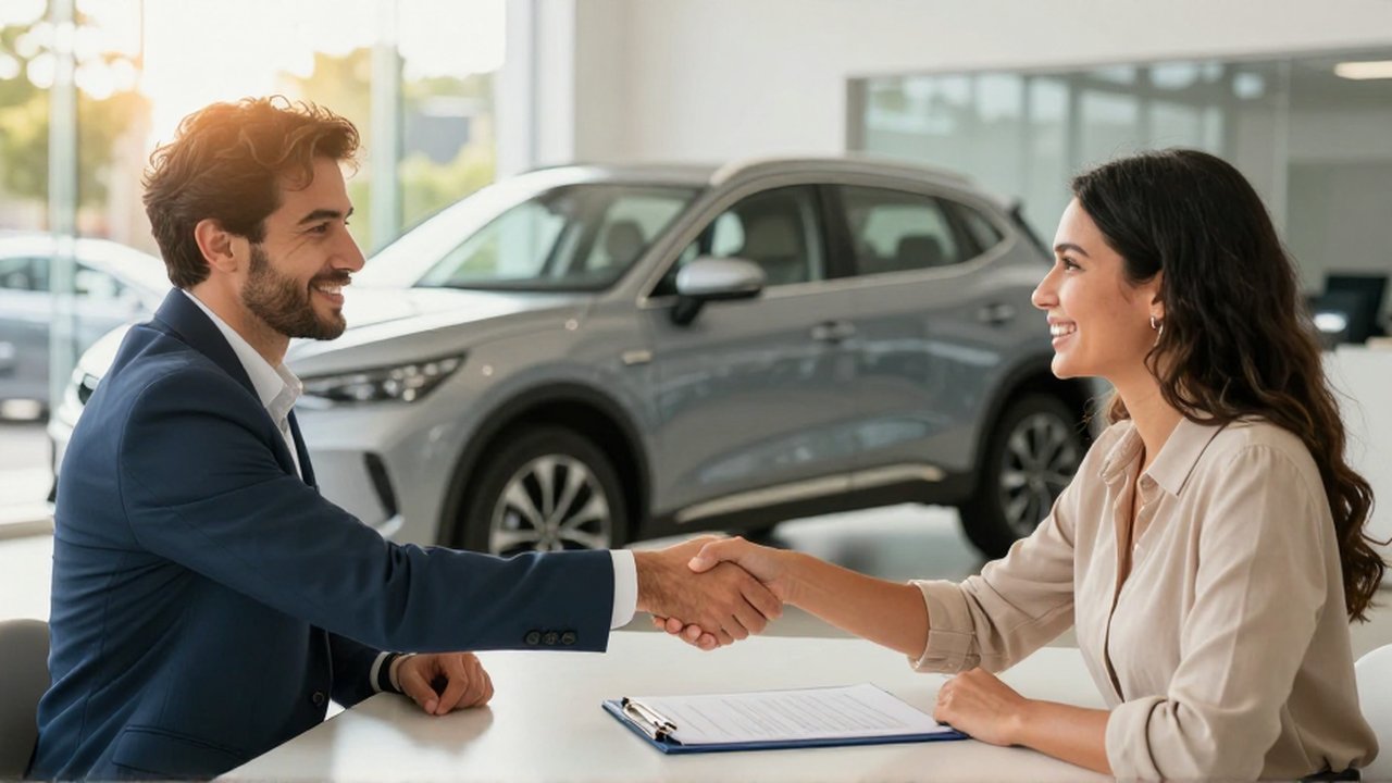 A dealership consultant shakes hands with a smiling couple in a bright, modern car showroom.