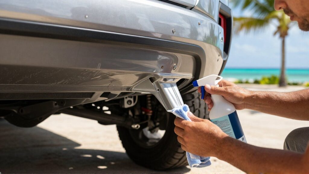 Hands apply protective anti-corrosion wax to an SUV chassis on a sunny coastal driveway.