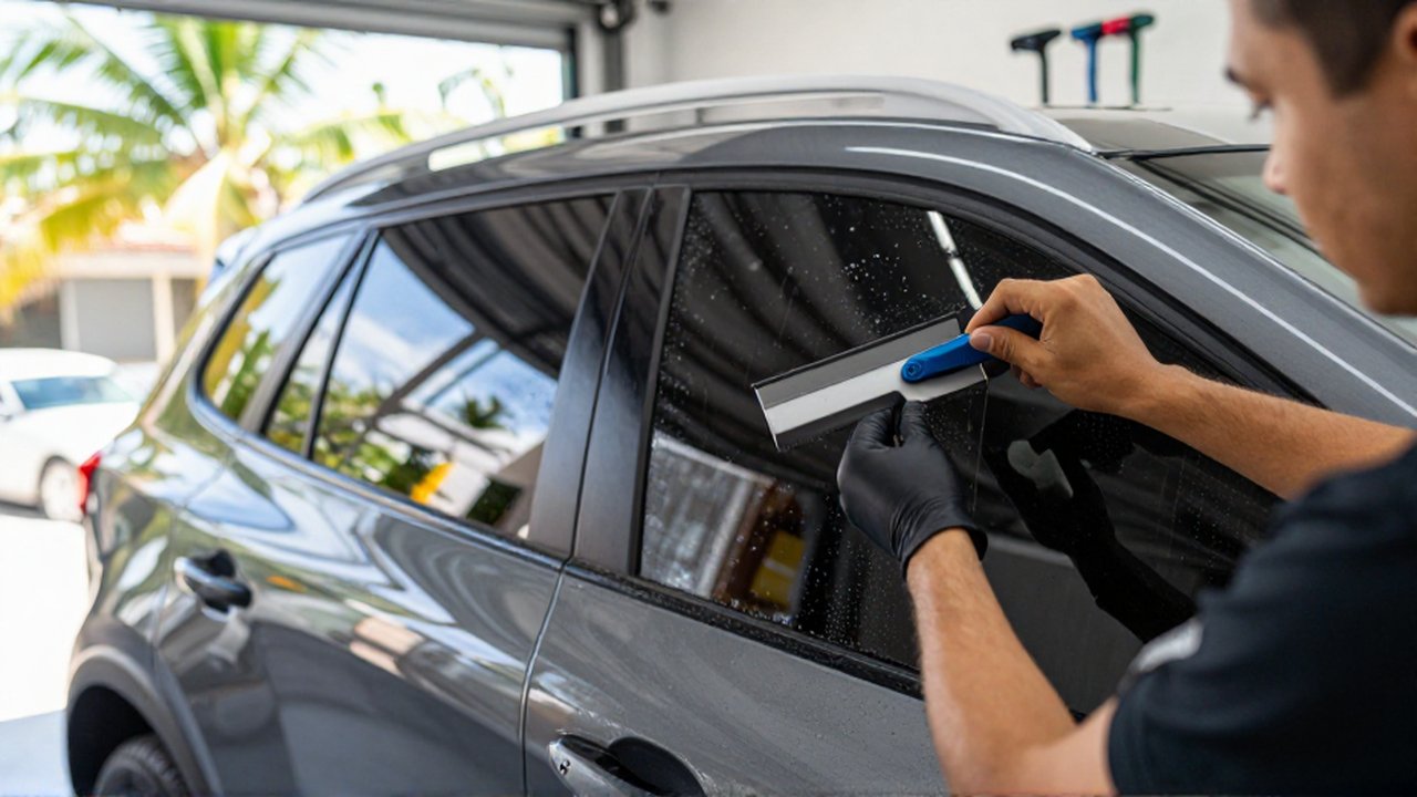 A technician uses a squeegee to meticulously apply ceramic window tint to a dark SUV.