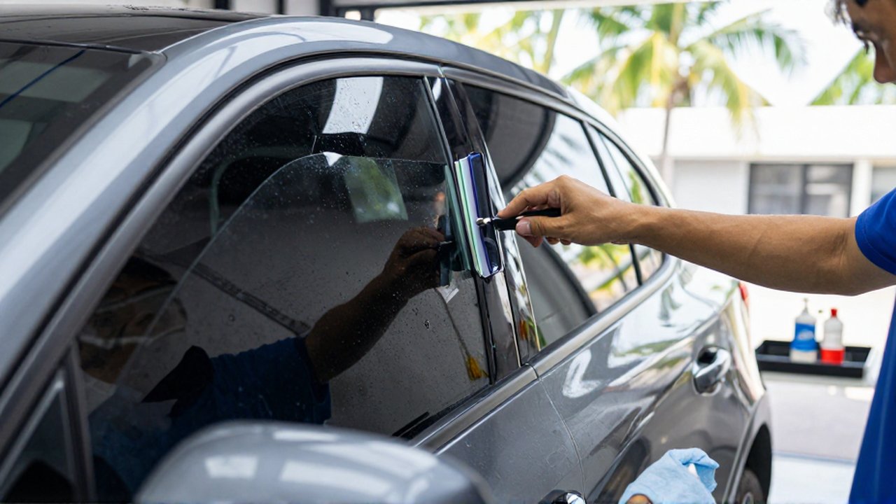 A technician uses a squeegee to apply dark tint film to a charcoal SUV window.