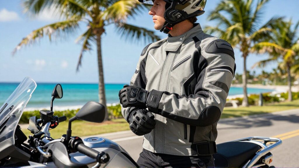A motorcyclist in technical gear adjusts their gloves beside an adventure bike on a tropical coastal highway.