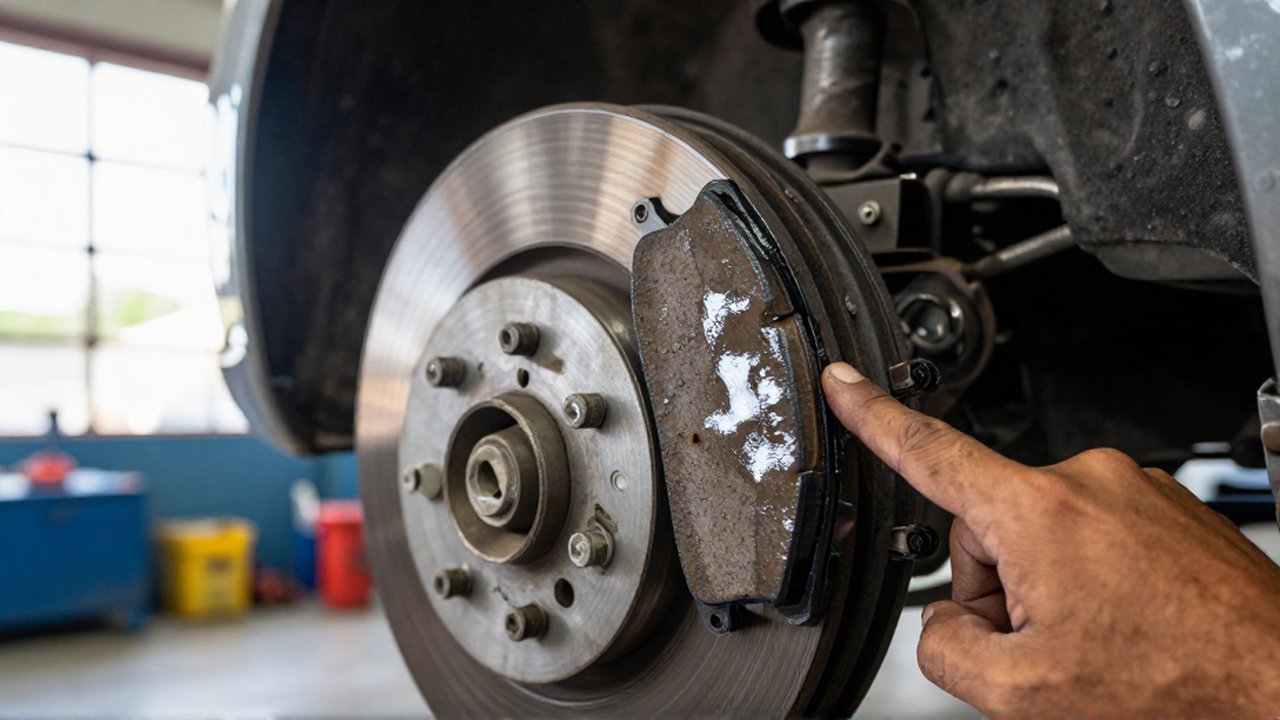 A mechanic's hand points to a glazed, shiny brake pad and a discolored rotor in a garage.