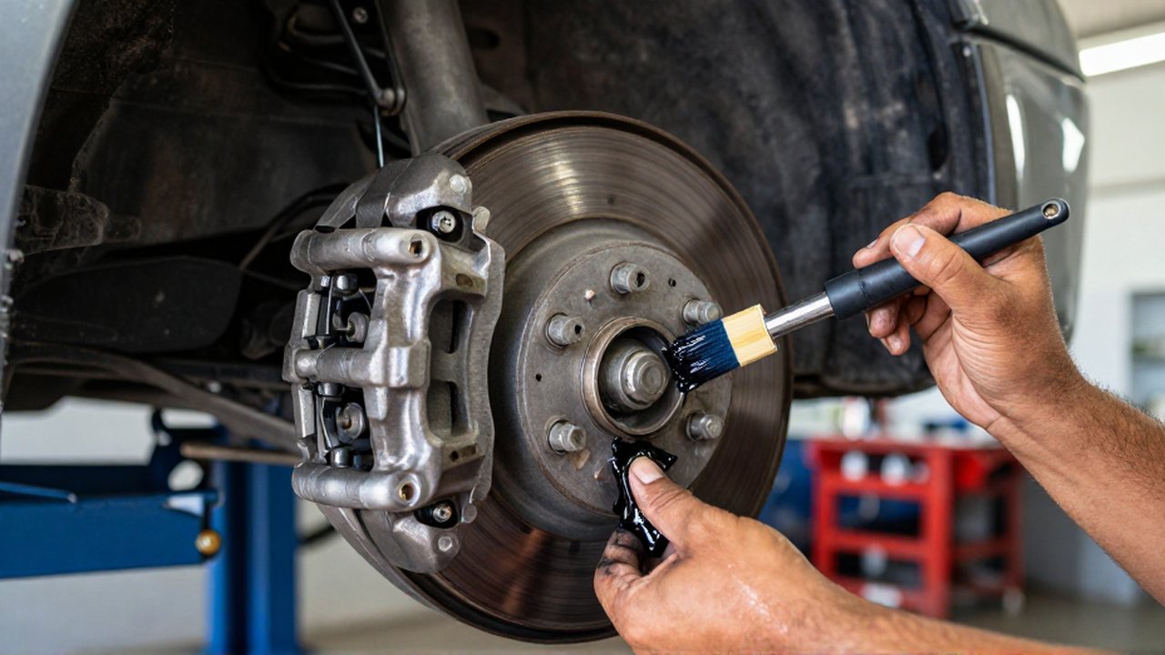 A mechanic applies high-temperature grease to brake caliper hardware and slide pins in a workshop.