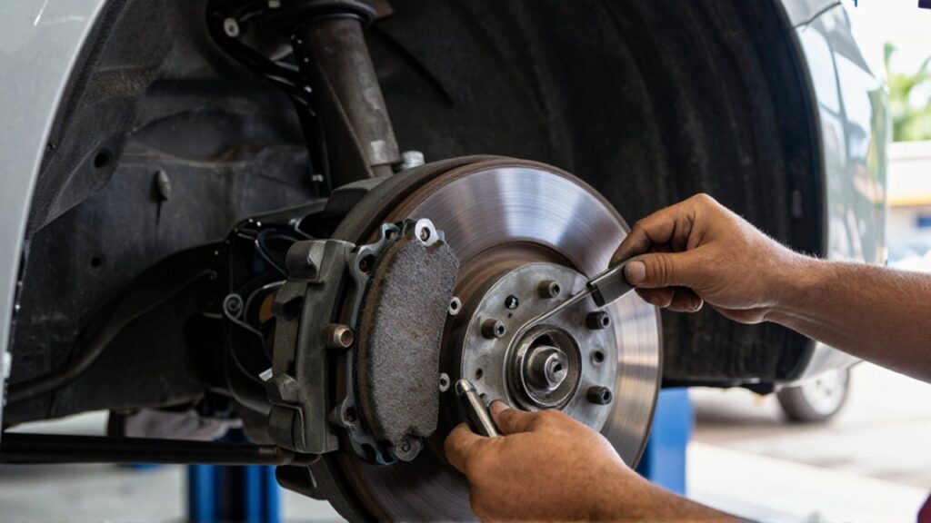 A mechanic uses a metal tool to inspect a worn brake pad and rotor inside a car wheel.