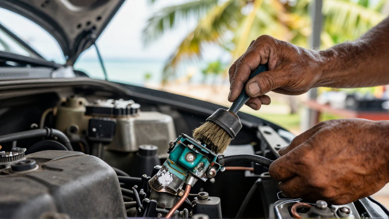 A mechanic uses a wire brush to clean heavy green corrosion from an electrical connector inside a car engine.