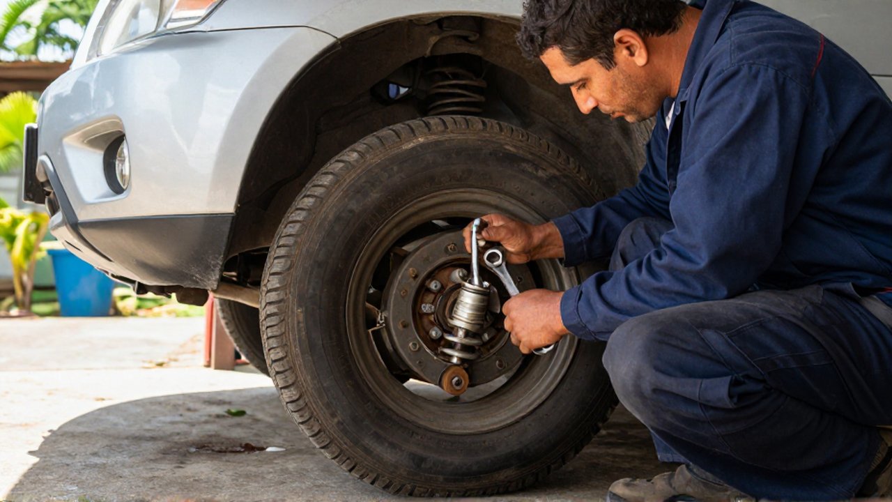 A mechanic in a navy jumpsuit inspects a worn control arm and shock absorber on a silver SUV.