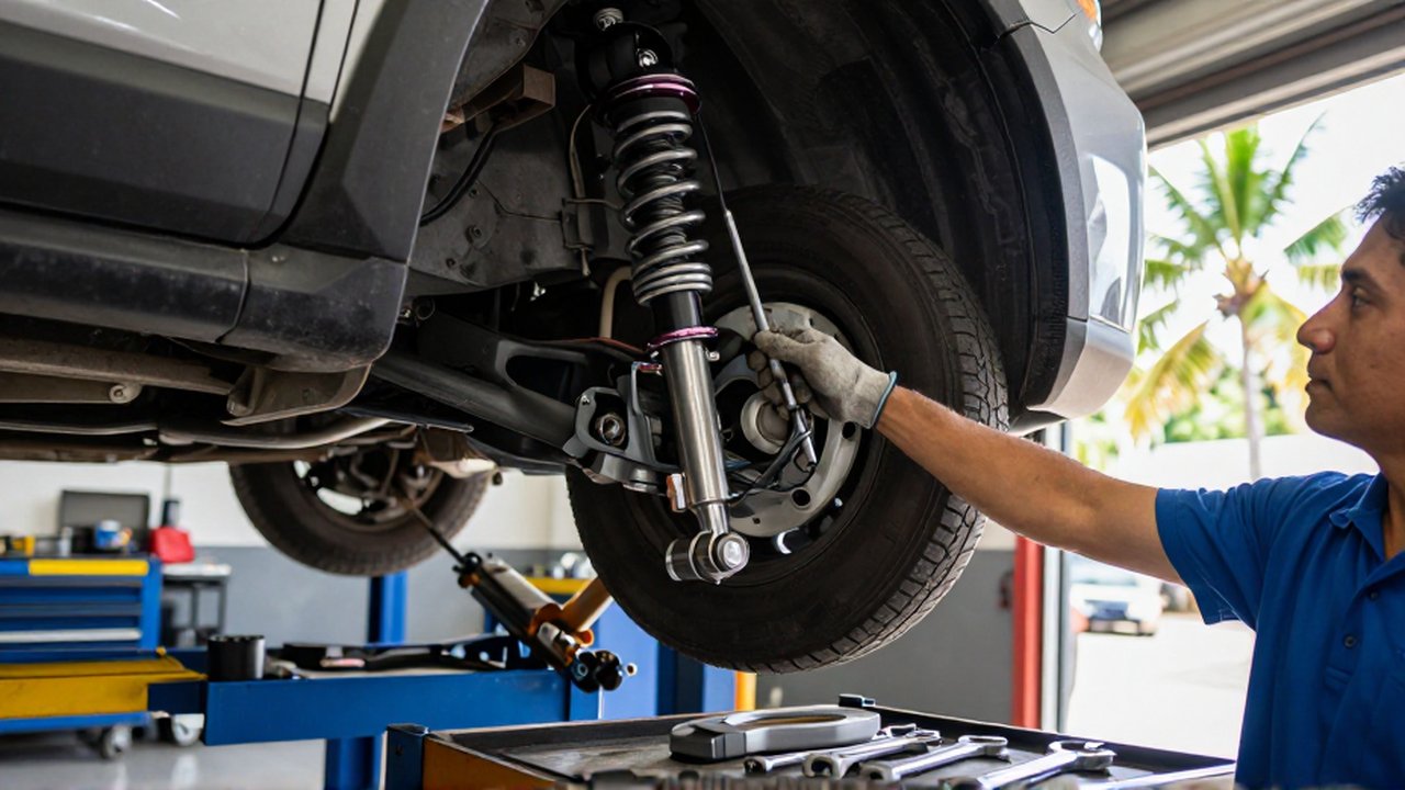 A mechanic in a well-lit workshop inspects a damaged ball joint and leaking shock absorber on an SUV.