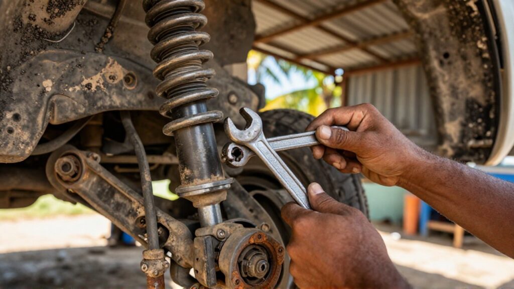 A mechanic uses a wrench to inspect a dusty