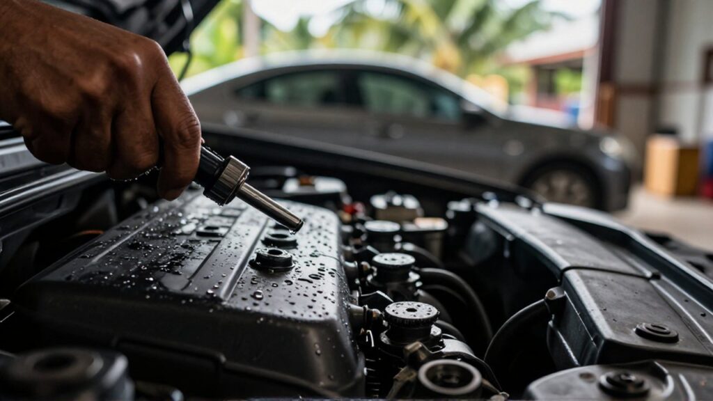 A mechanic uses a tool to inspect moisture and condensation on a damp car engine.
