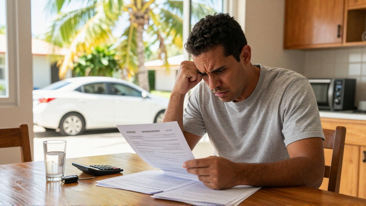 A stressed man reviews loan documents and a calculator at a sunlit kitchen table.