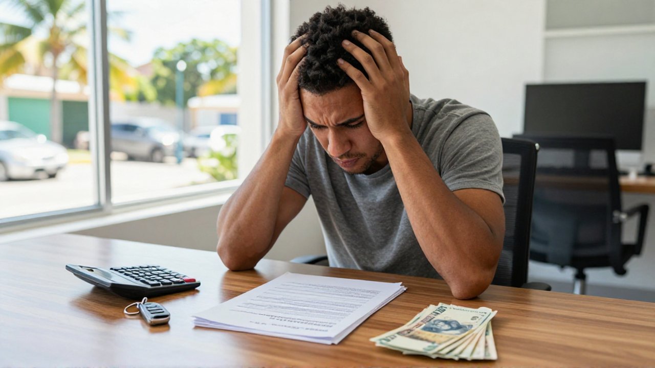 A stressed man sits at a desk with loan documents, car keys, and cash in a sunlit office.