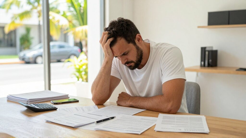 A frustrated man leans over a disorganized pile of financial documents at a sunlit desk.
