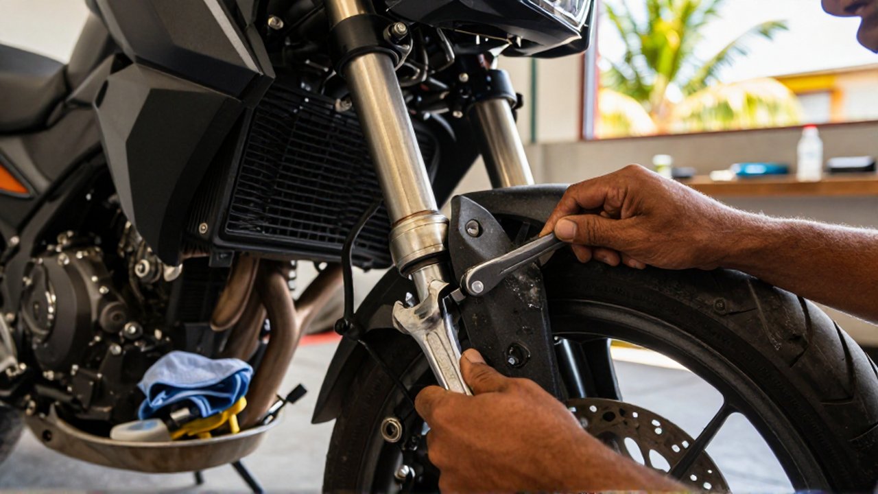 A mechanic uses a wrench to adjust a motorcycle's front fork assembly in a sunny garage.
