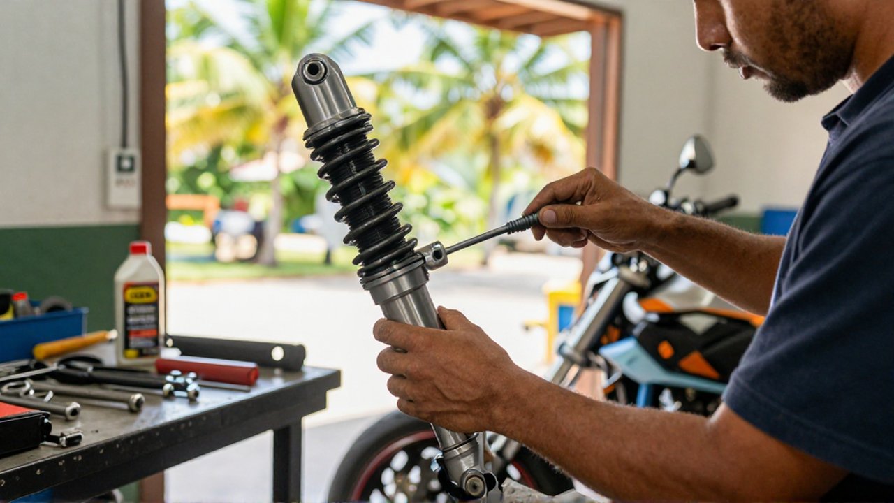 A mechanic uses a specialized wrench to inspect the front telescopic forks of a modern street bike in a sunlit workshop.
