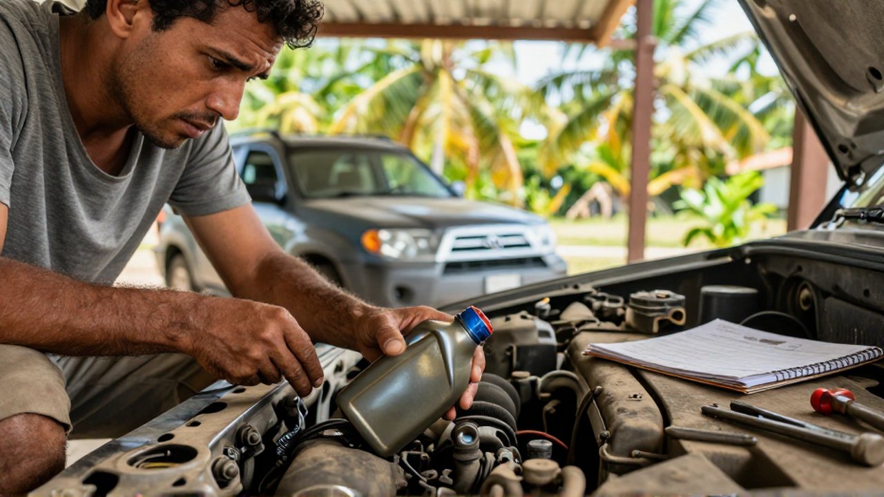 A frustrated person holds an empty oil bottle while looking at a dusty, neglected SUV engine.