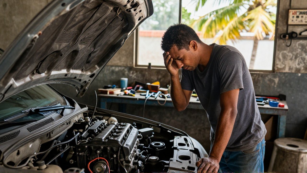 A frustrated person looks down at a poorly assembled engine in a cluttered, dimly lit workshop.