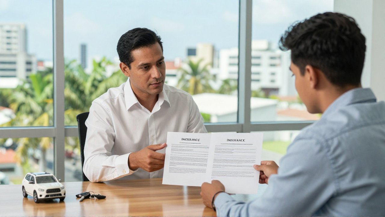 An insurance agent explains two printed policy documents to a young man in a modern office.