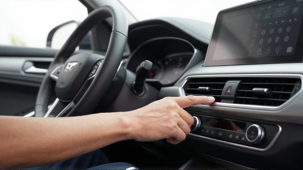 A mechanic's hand presses a button on a modern car dashboard to test the climate control system.