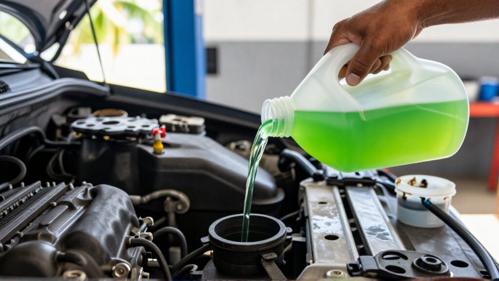 A mechanic pours bright neon-green coolant into a car engine radiator in a sunlit workshop.