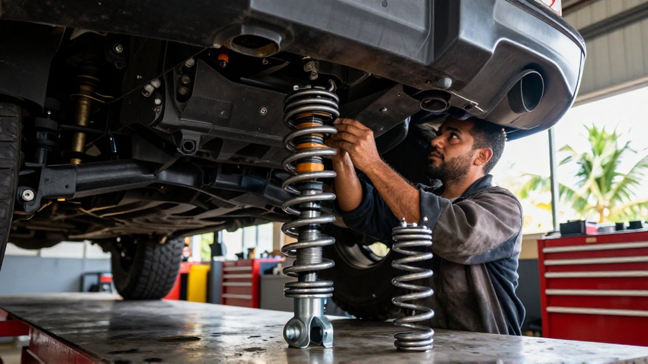 An automotive technician inspects a heavy-duty multi-leaf spring assembly beneath a pickup truck in a bright workshop.