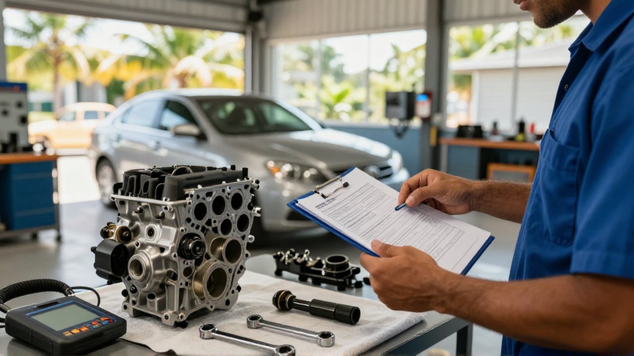 A mechanic in a bright garage inspects engine components using a checklist and diagnostic tools.