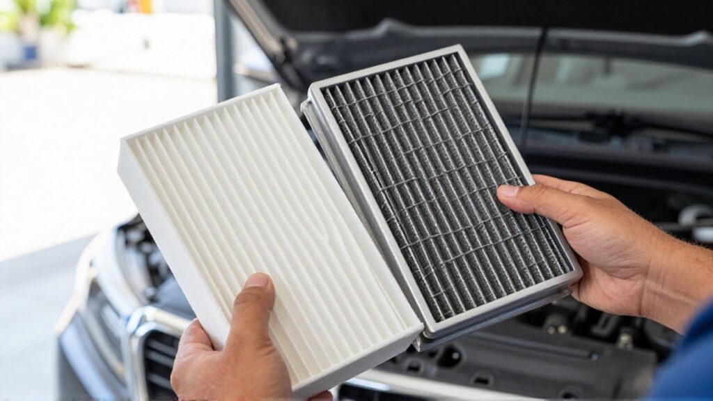 A mechanic holds a white pleated paper air filter next to a metallic mesh reusable filter in an automotive workshop.