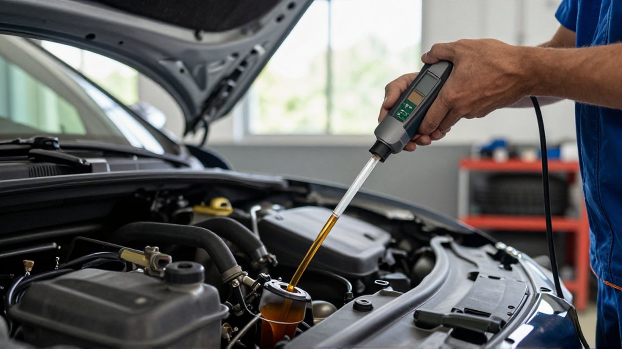 A mechanic uses a tester and dipstick to check the amber brake fluid level in a car reservoir.