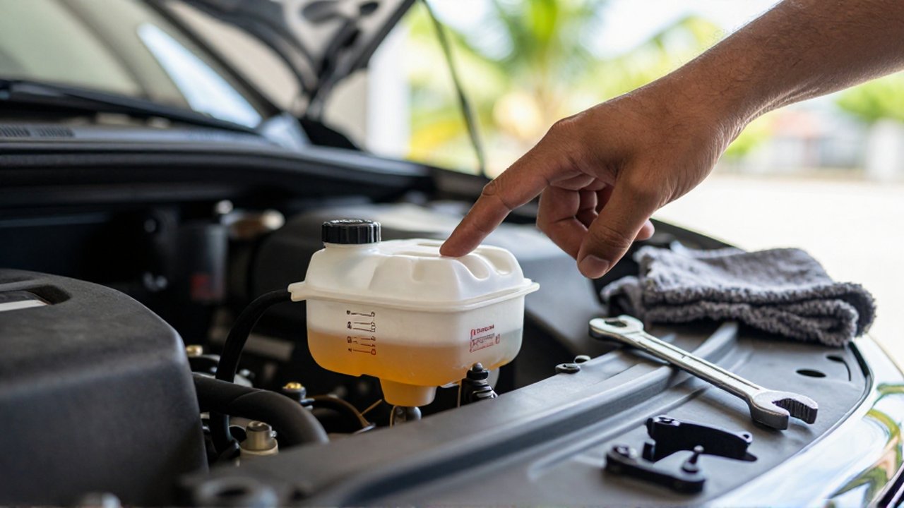 A mechanic points to low brake fluid level in a translucent reservoir inside a car engine bay.