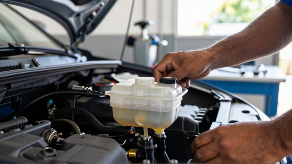 A mechanic's hands inspect a low brake fluid level in a translucent reservoir under a car hood.