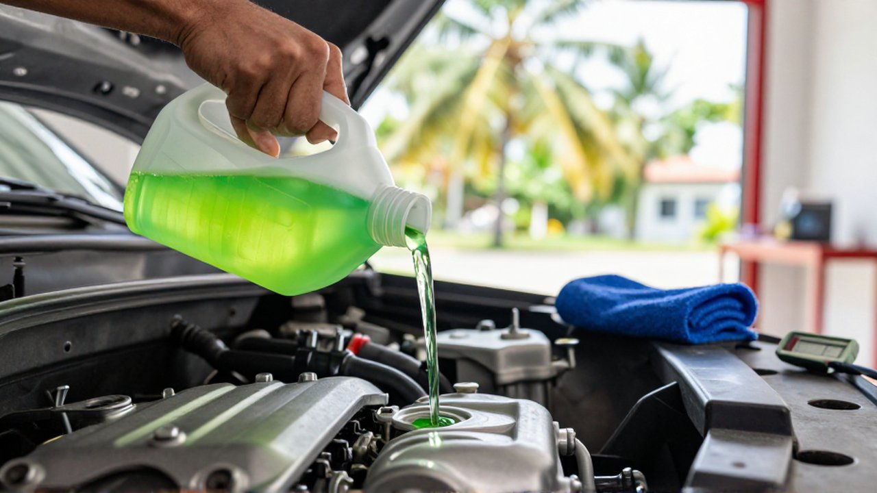A mechanic pours bright neon-green coolant into a modern vehicle engine reservoir in a sunlit garage.