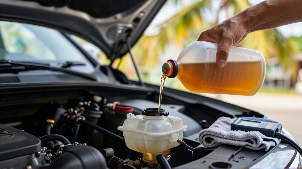 A mechanic pours golden brake fluid into a transparent reservoir inside a car engine bay.