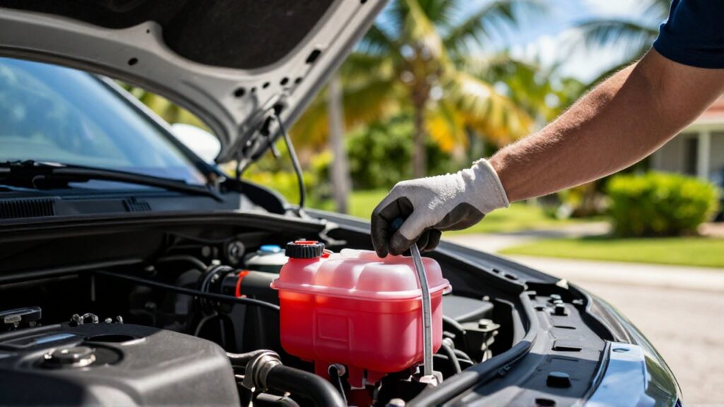 A mechanic's gloved hands inspect the red coolant reservoir and dipstick of a car engine.