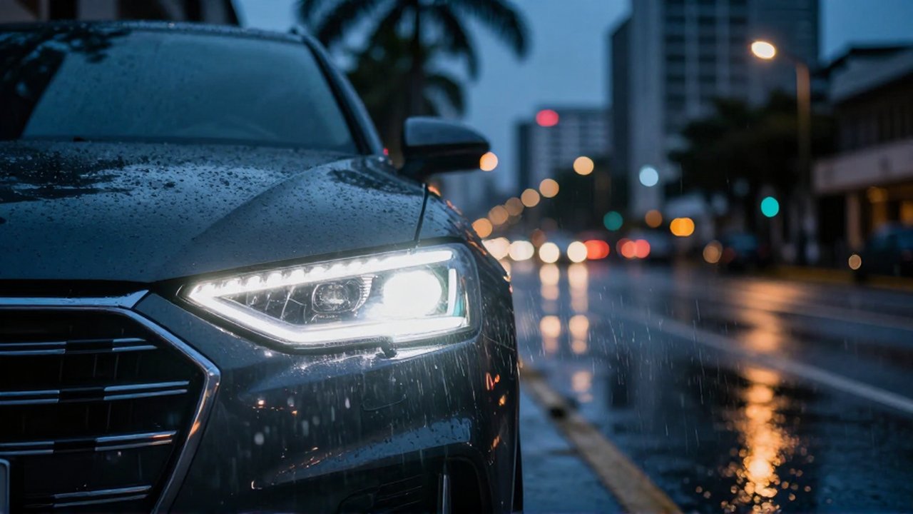 A modern car headlight glows brightly on a rain-slicked urban street at twilight.