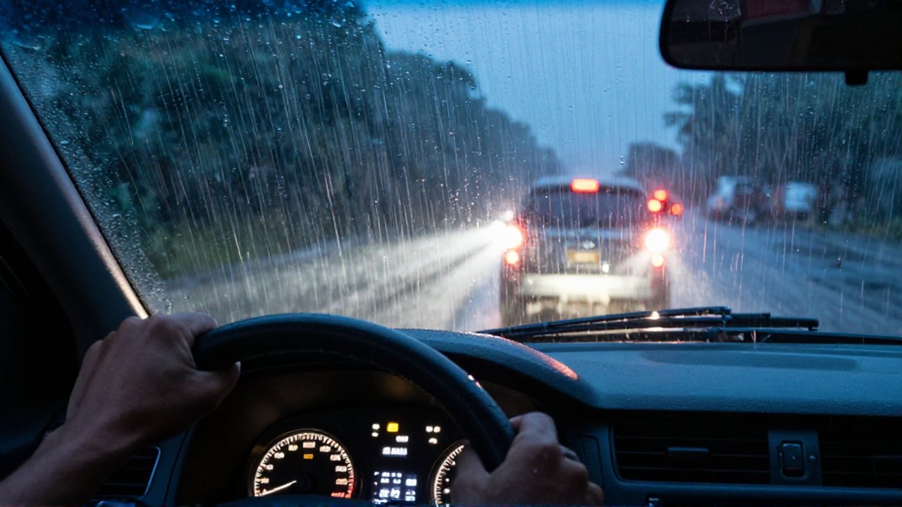 Driver's hands on a steering wheel during a heavy tropical downpour with glowing dashboard controls.