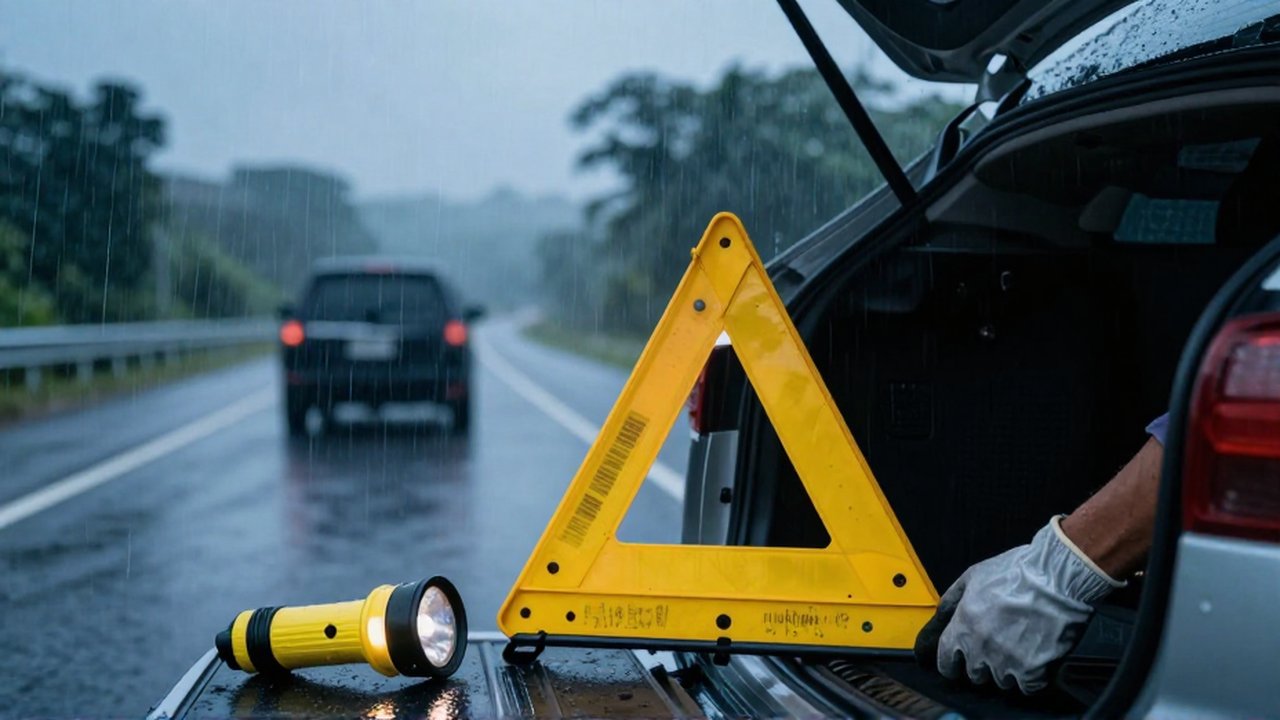 Gloved hands reach into a car trunk for a yellow safety triangle and flashlight during a heavy rainstorm.