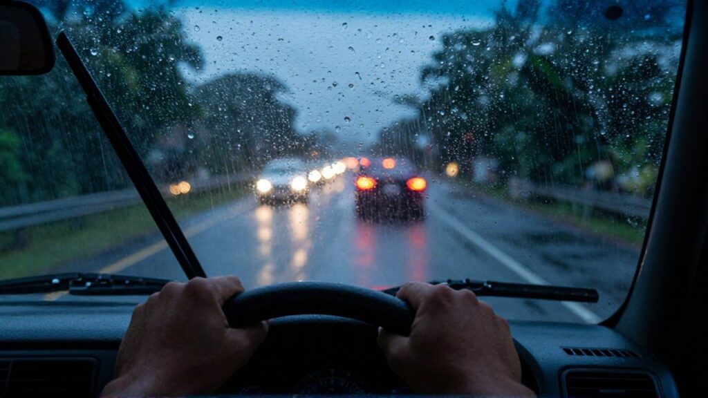 Windshield wipers clear heavy rain from a car window during a dusk highway drive.