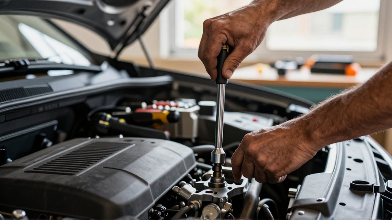 Weathered hands use a professional ratchet and socket wrench to tighten a bolt on a modern car engine.
