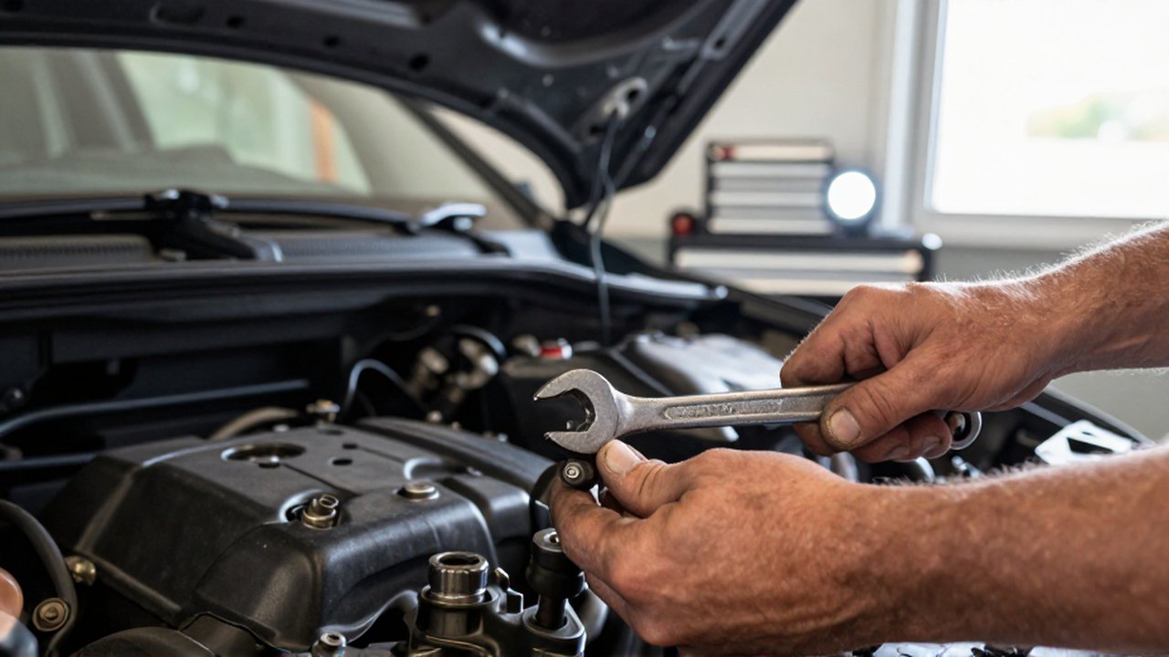Weathered hands use a silver socket wrench to tighten a bolt on a car engine.