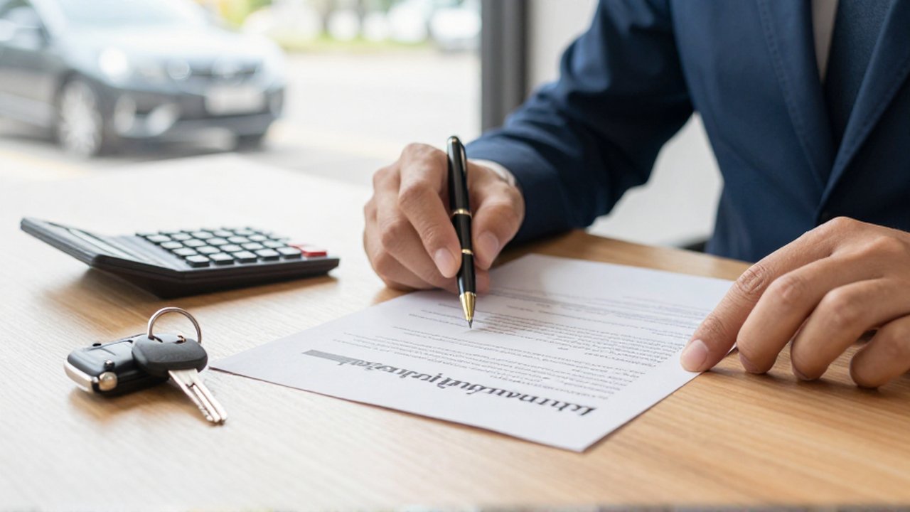 Hands review a loan document and car keys on a wooden desk near a window.