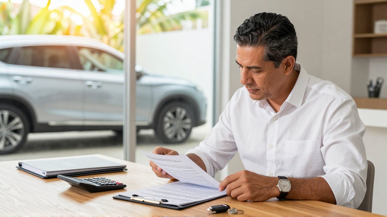 A middle-aged man reviews a vehicle financing contract and car keys at a desk in a sunlit home office.