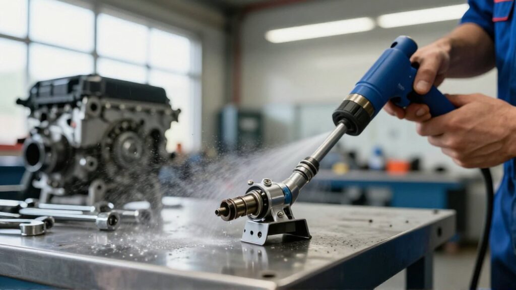 A mechanic uses a pressurized tool to spray cleaning solvent into a fuel injector on a workbench.