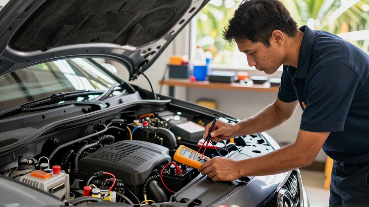 A focused mechanic uses a digital multimeter to test a car battery in a bright workshop.