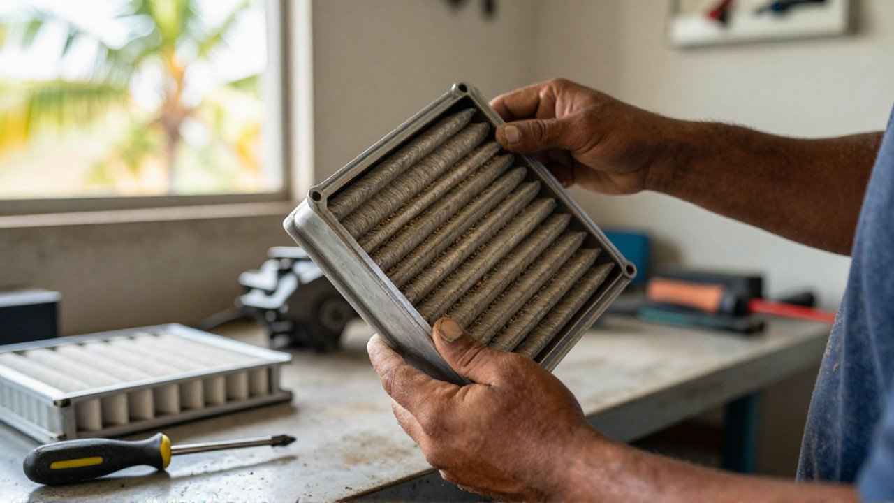 A mechanic's hands lift a dirty, dust-clogged air filter from a motorcycle engine in a bright garage.